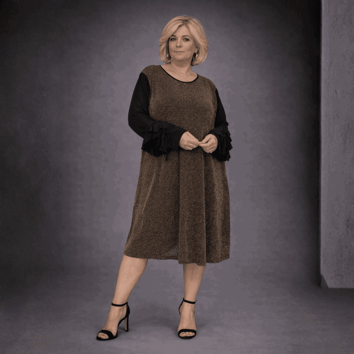 Sparkly Swing Dress with Chiffon Frilled Sleeves - FullFab