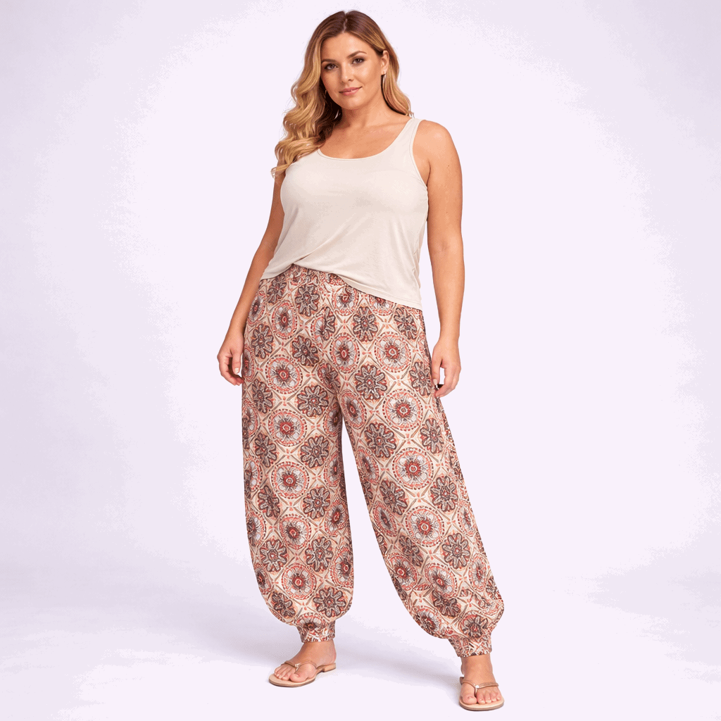 Stone Wine Tile Print High Waist Harem Pants - FullFab