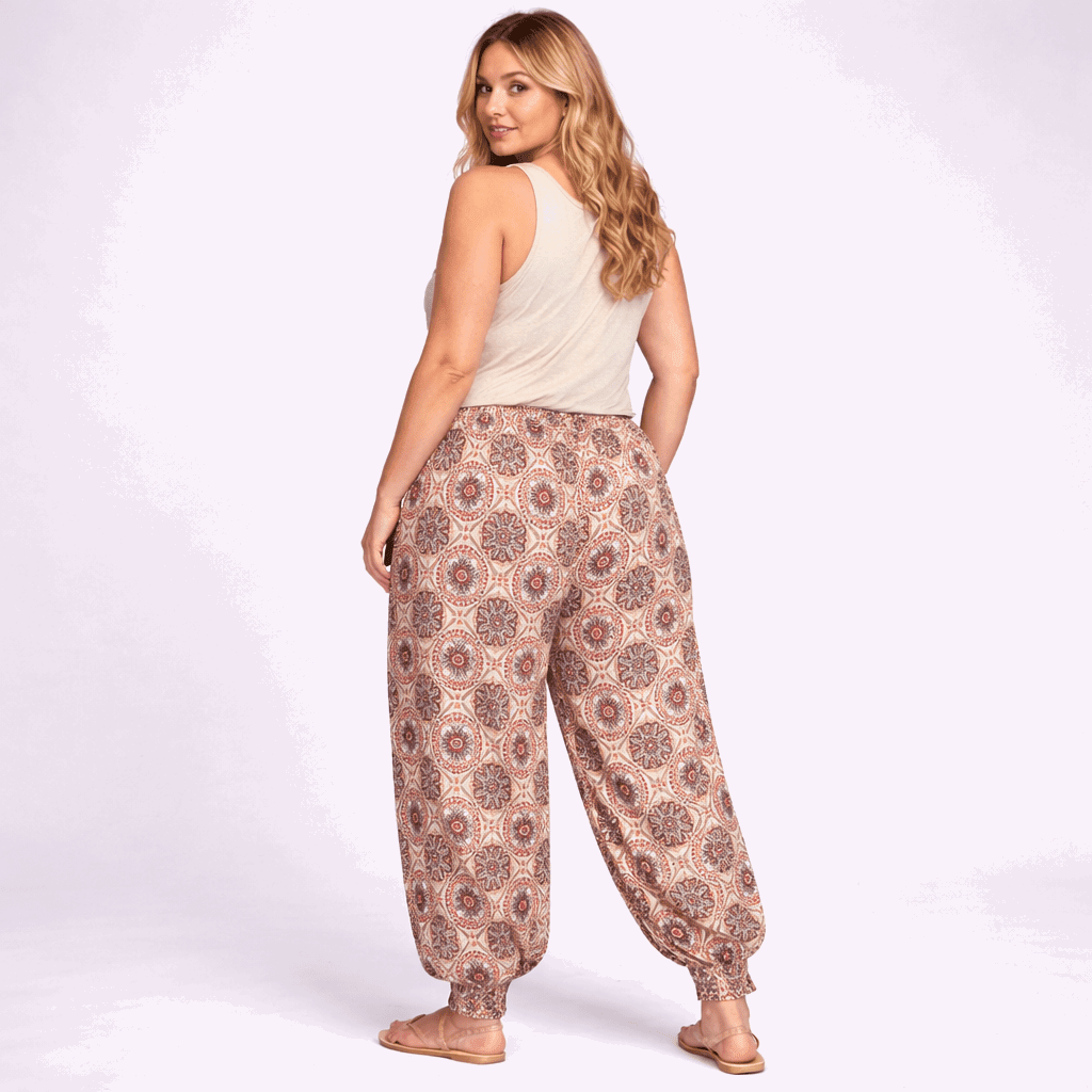 Stone Wine Tile Print High Waist Harem Pants - FullFab