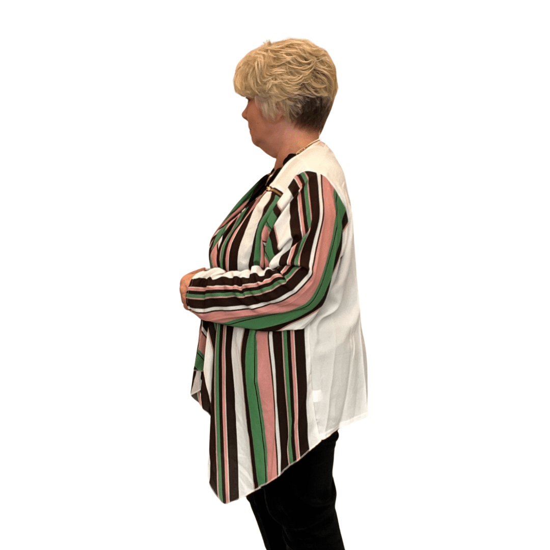 Striped Blouse featuring green, pink, and white colors, styled with a modern cut.