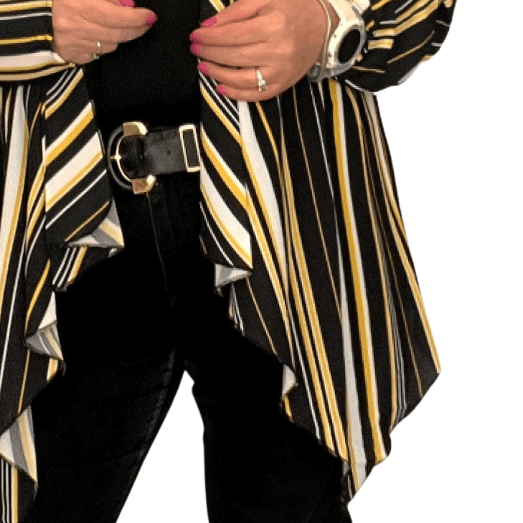 Striped Kimono Jacket featuring black, yellow, and white stripes with a stylish draped design.