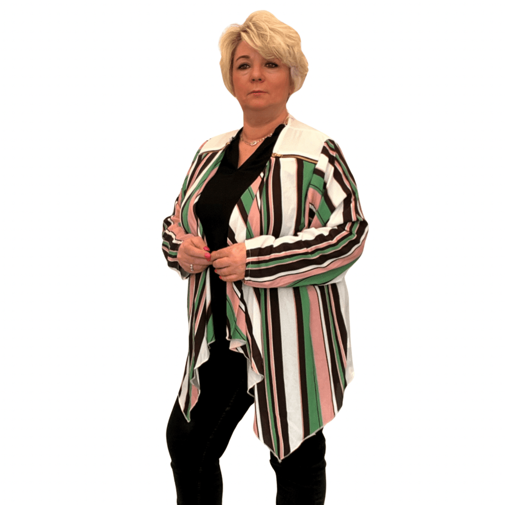 Striped Kimono Jacket featuring pink, green, and black stripes, styled with a black top.