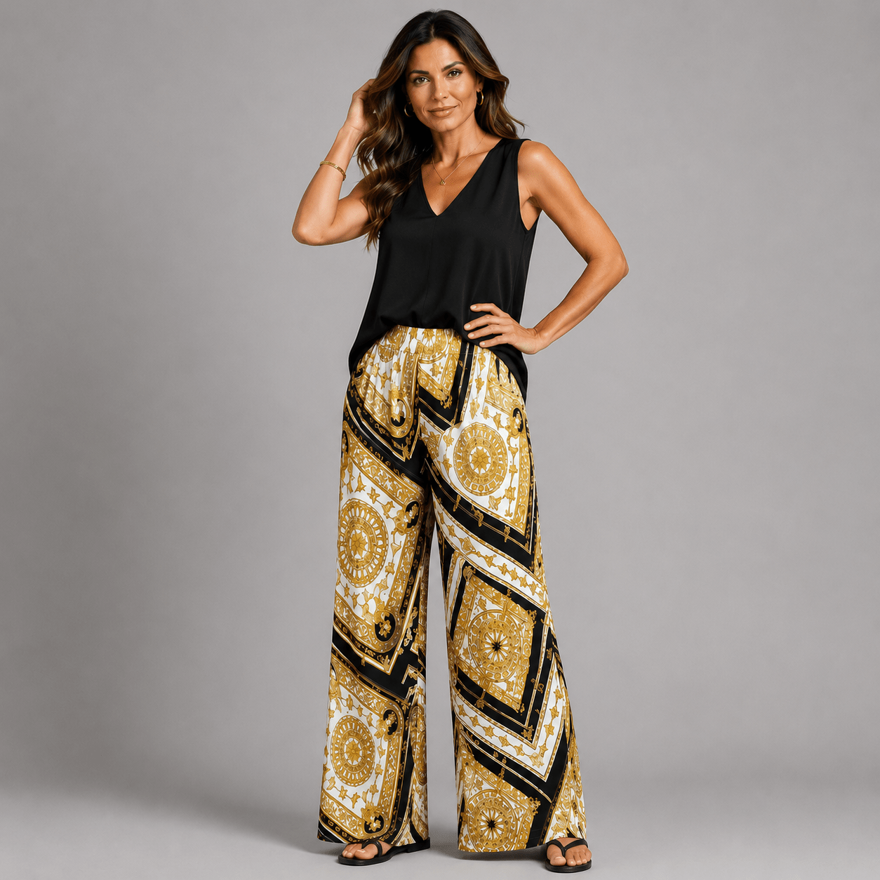 White & Gold Compass Print Palazzo Trousers - FullFab