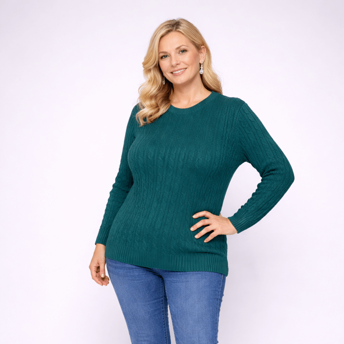 Cable Knit Long Sleeve Round Neck Jumper - FullFab