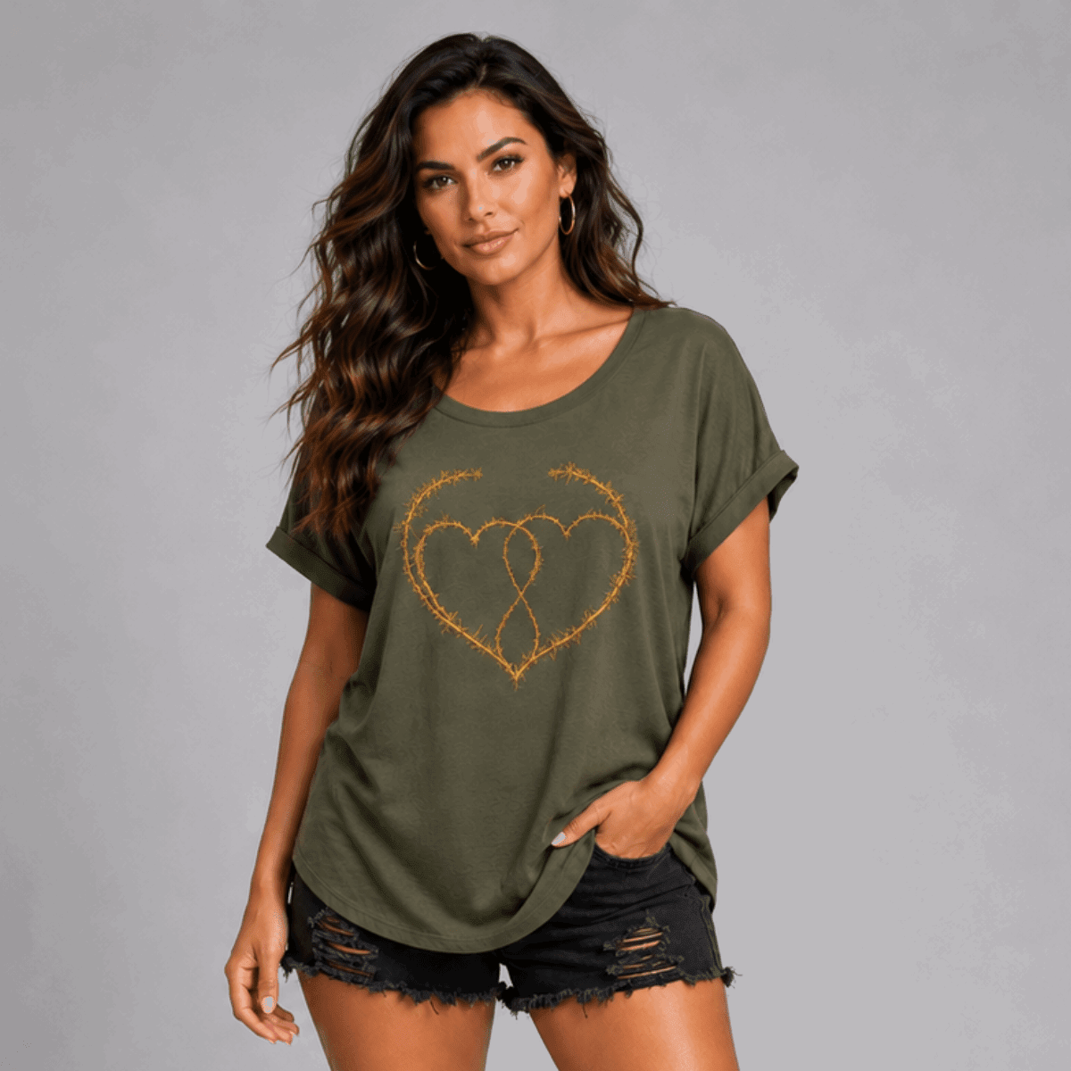 Thorn Hearts Dipped Hem T-Shirt - FullFab