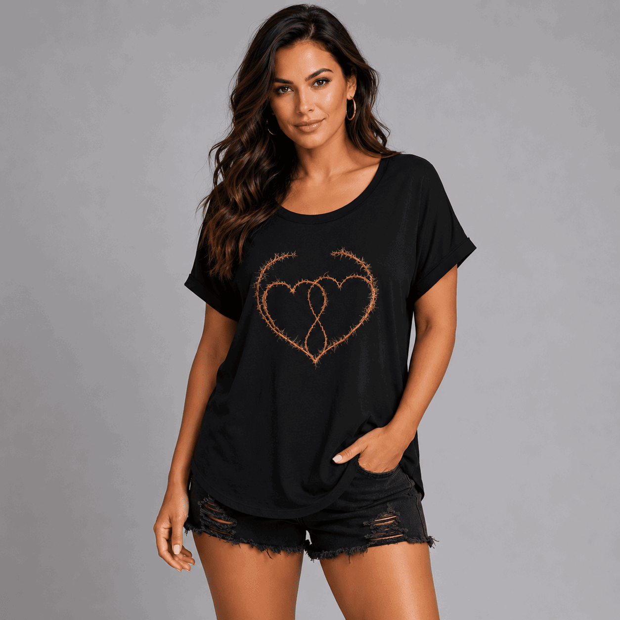 Thorn Hearts Dipped Hem T-Shirt - FullFab
