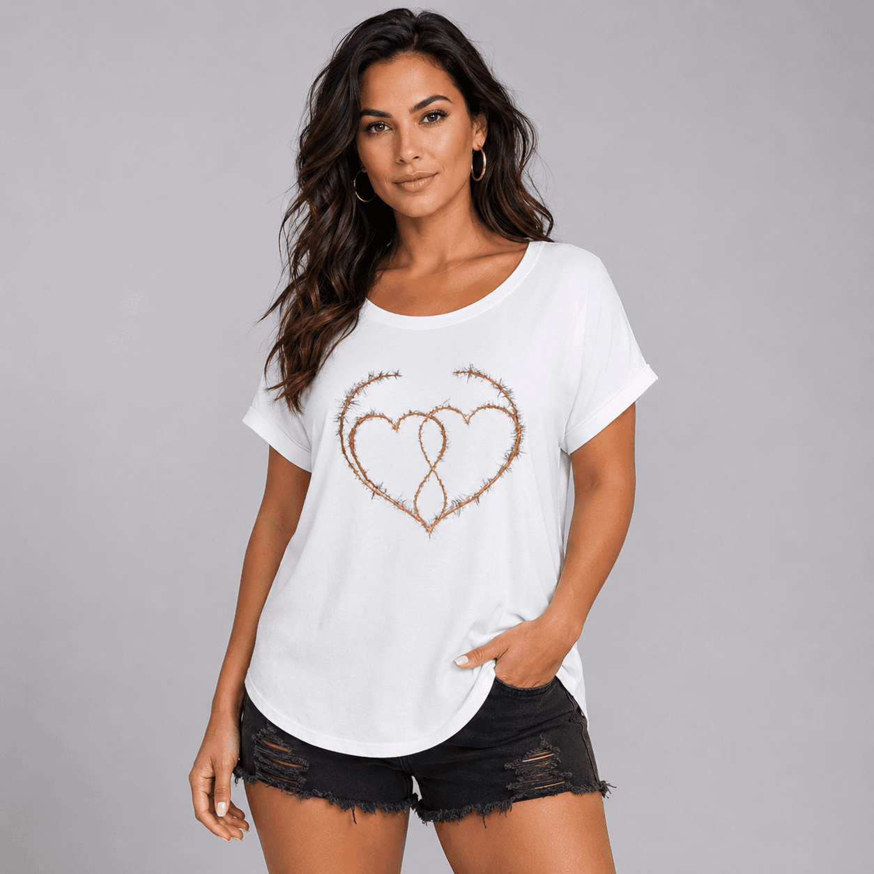 Thorn Hearts Dipped Hem T-Shirt - FullFab