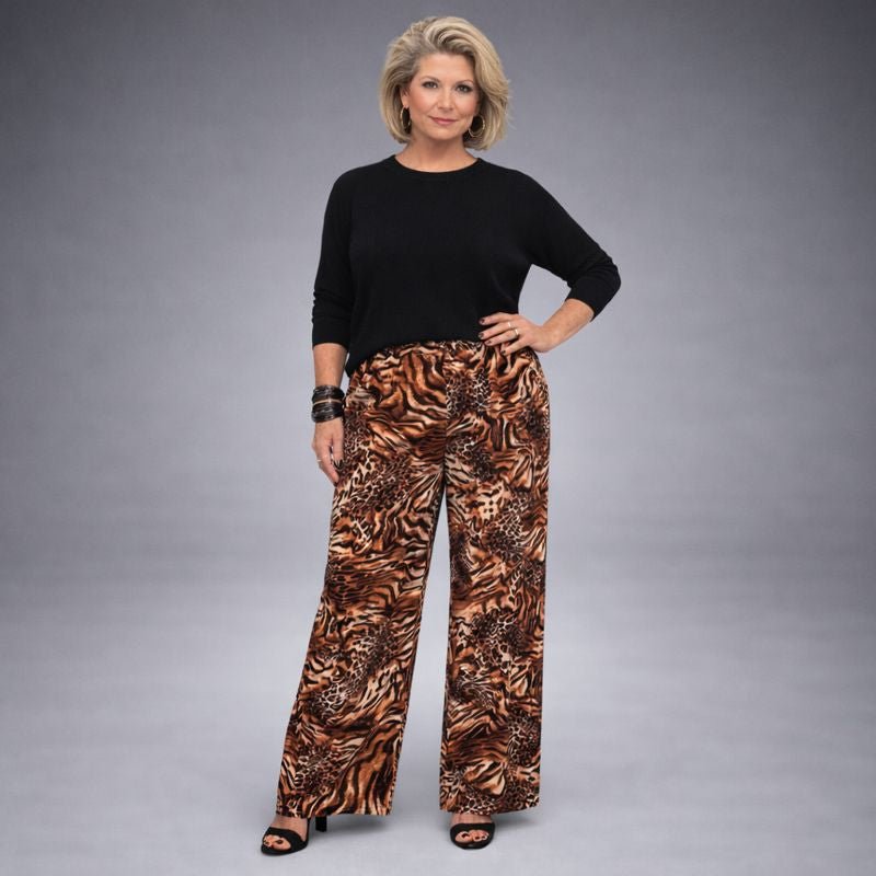 Stylish animal print wide-leg pants featuring a bold tiger pattern in orange and brown tones.