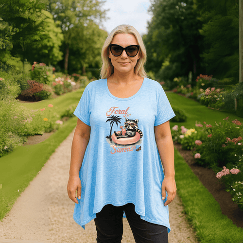 Tropical Summer T-Shirt in light blue featuring a fun graphic design, perfect for casual outings.