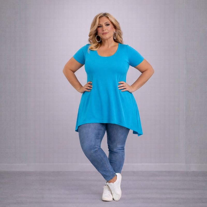 Plain Short Sleeve Hanky Hem Swing Top - FullFab