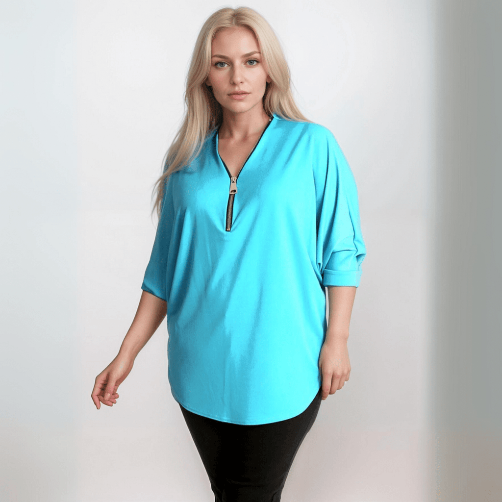 DIPPED HEM BATWING BLOUSE WITH ZIP V-NECK - FullFab