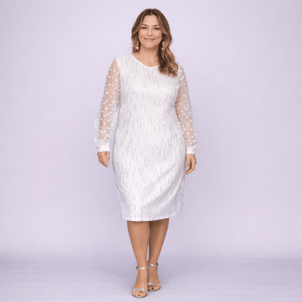 Cocktail Dress with Net Sleeves and Silver Sequins - FullFab