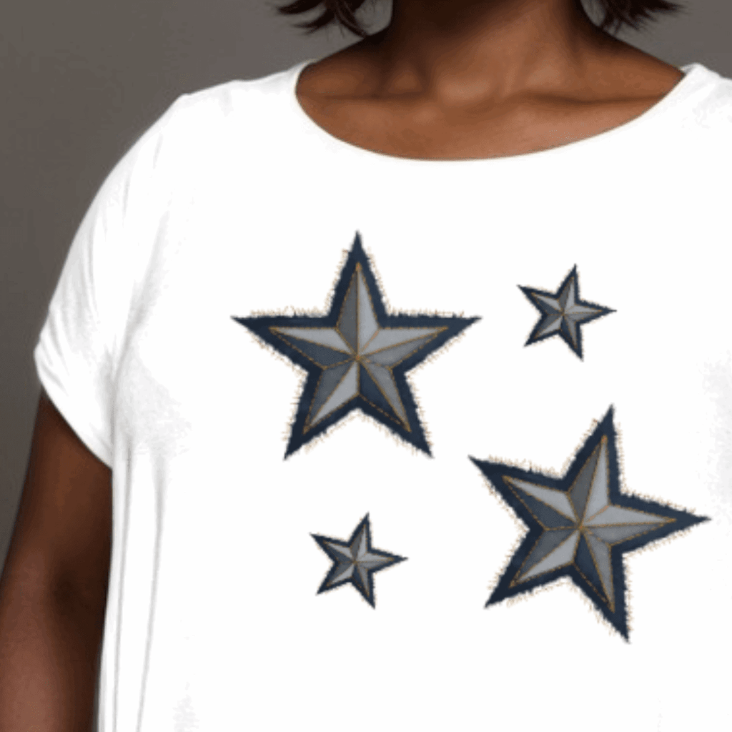 WHITE LONG POCKET T-SHIRT WITH DENIM EFFECT STARS - FullFab