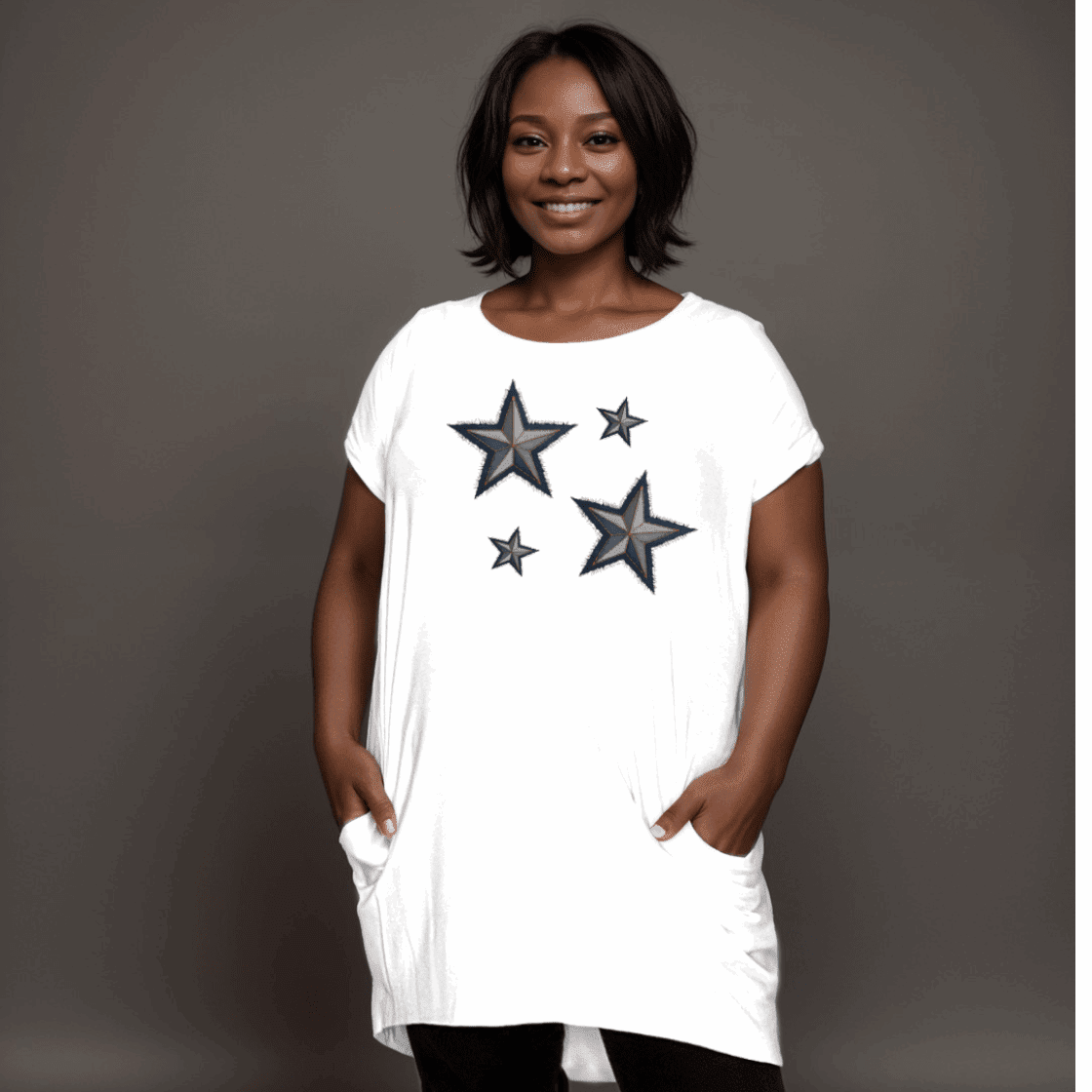 WHITE LONG POCKET T-SHIRT WITH DENIM EFFECT STARS - FullFab