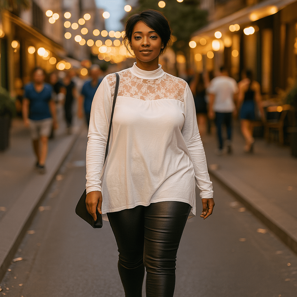 Polo Neck Lace Neckline Long Sleeve Top - FullFab