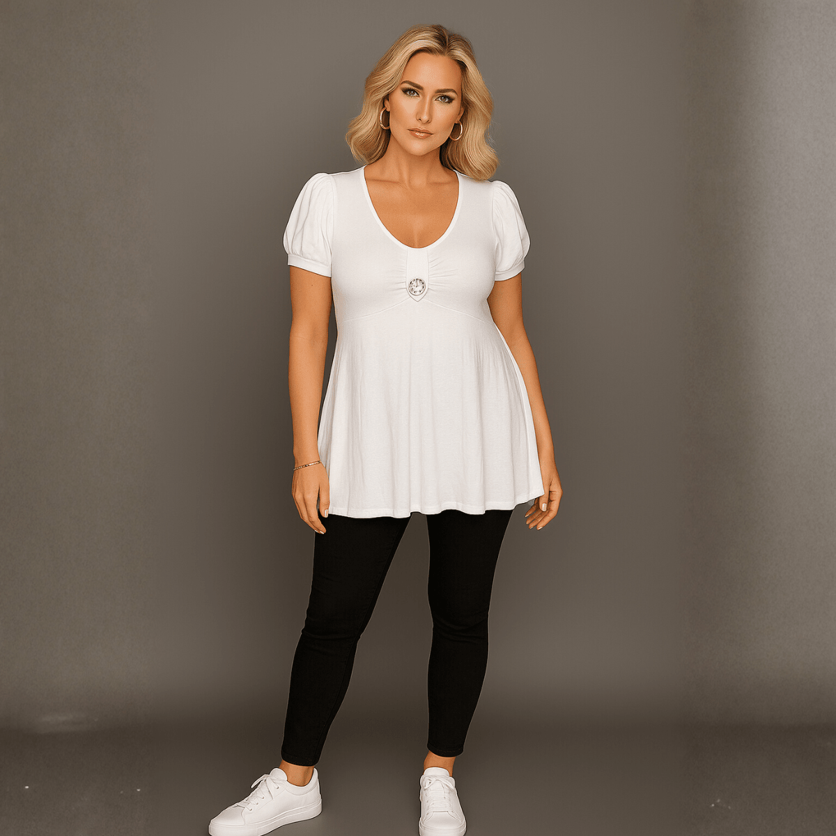 Puff Sleeve Button Front Tunic Top - FullFab