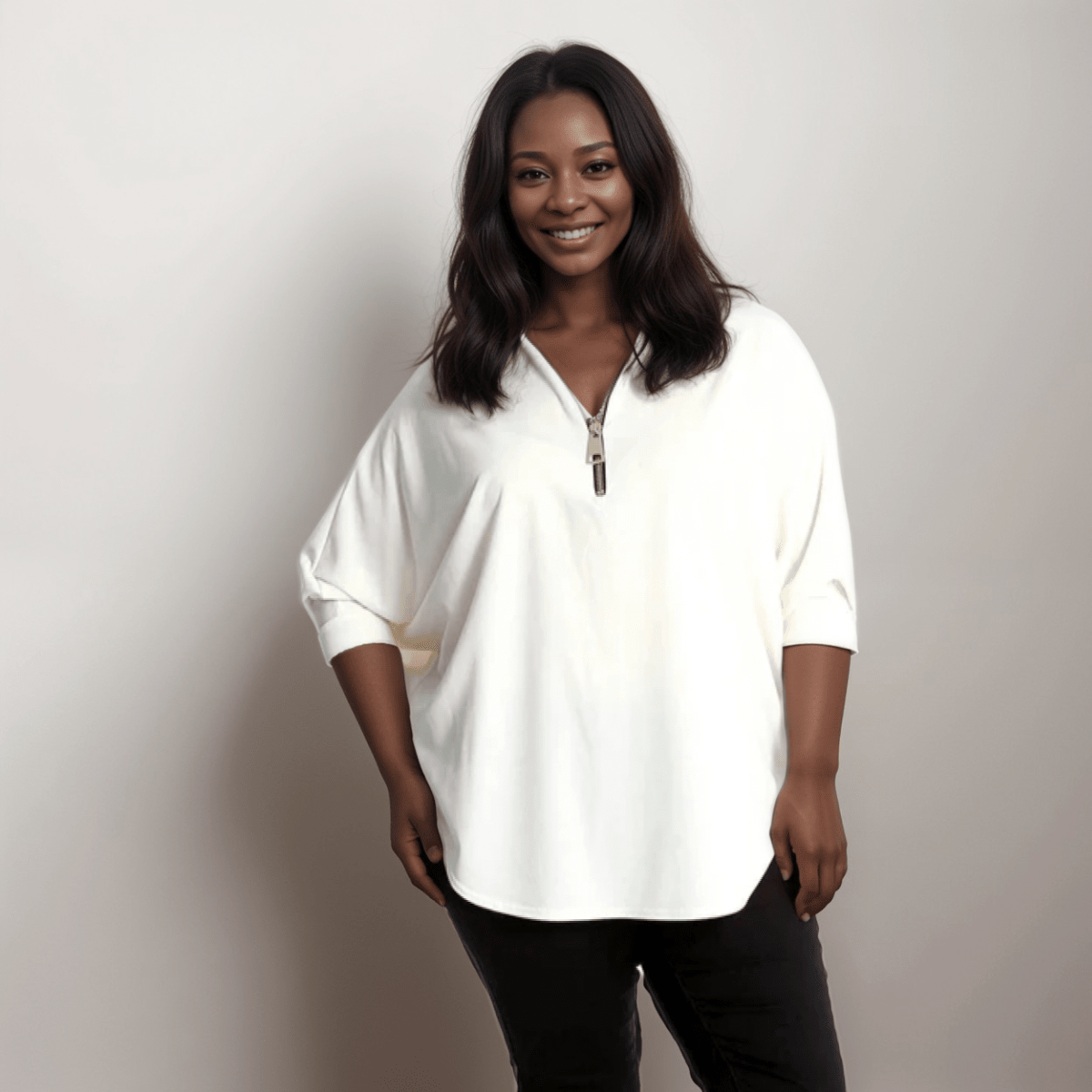 DIPPED HEM BATWING BLOUSE WITH ZIP V-NECK - FullFab