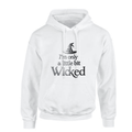 Wicked hoodie featuring a witch hat design and playful text in black on a white background.