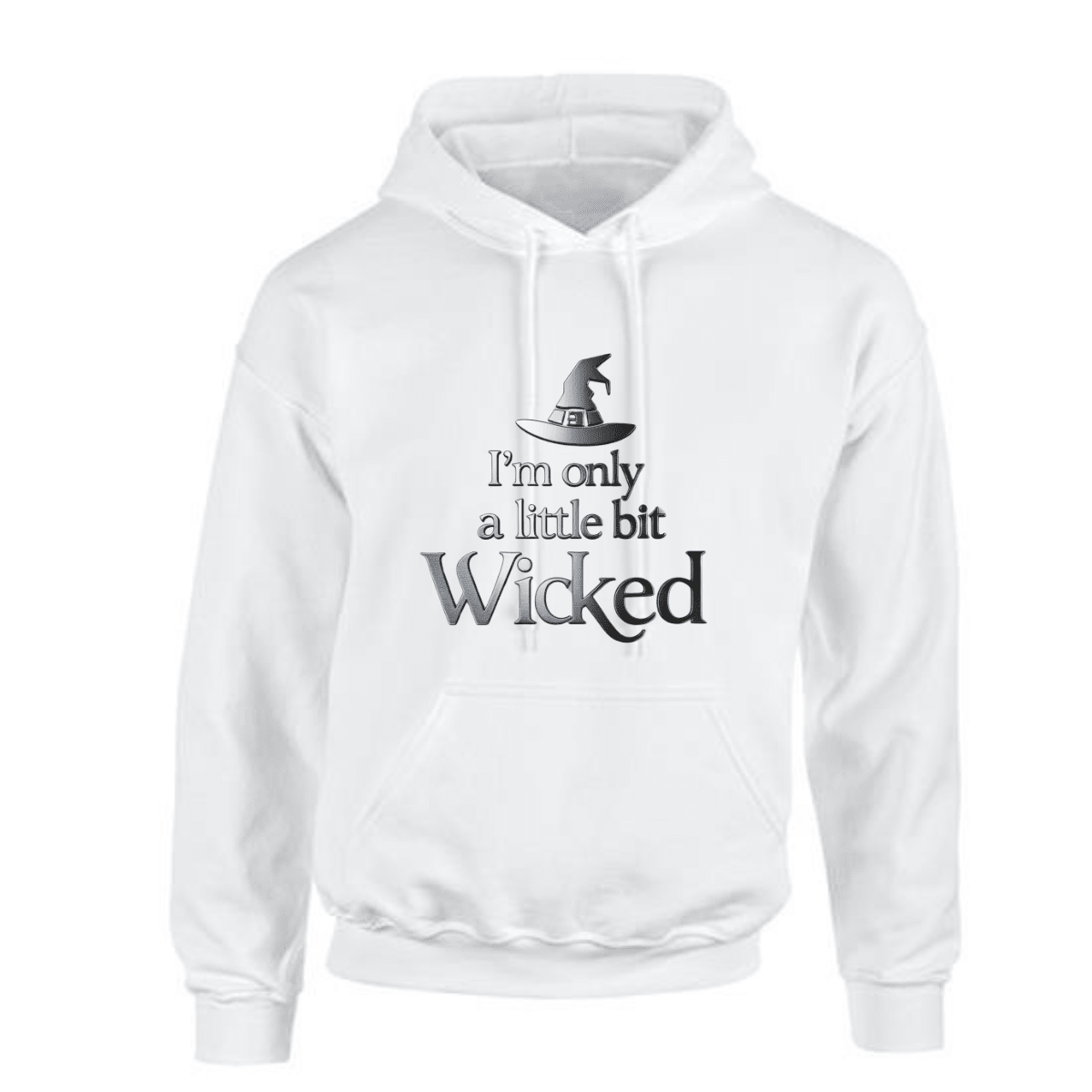 Wicked hoodie featuring a witch hat design and playful text in black on a white background.