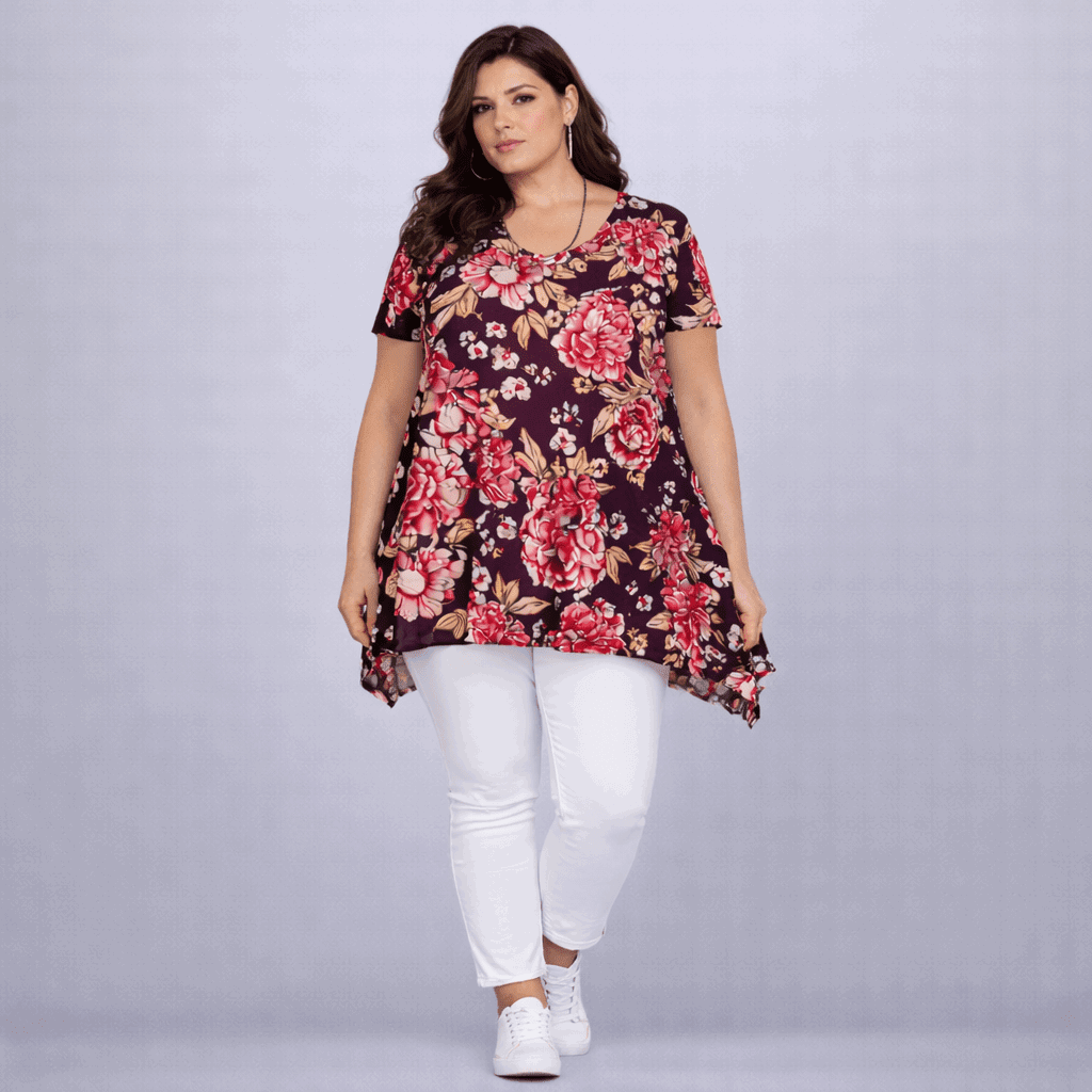 Wine Floral Crepe Hanky Hem Swing Top - FullFab