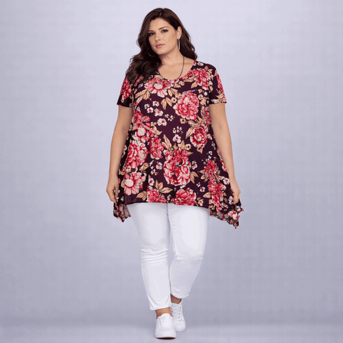 Wine Floral Crepe Hanky Hem Swing Top - FullFab