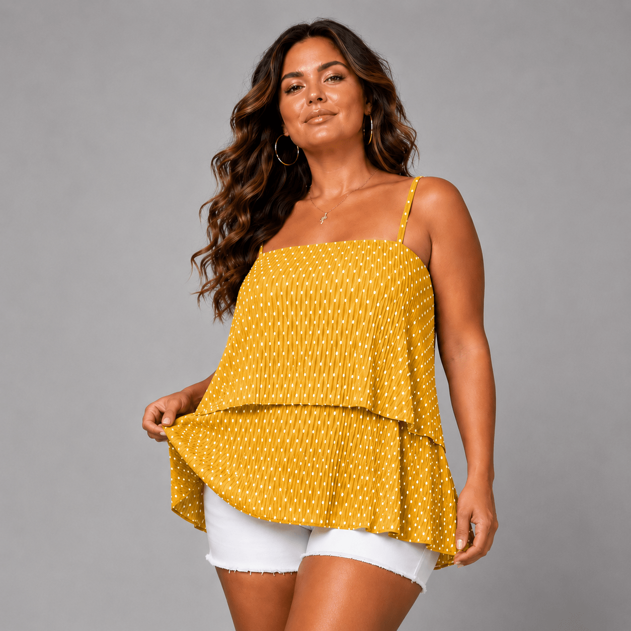 Polka Dot Strappy Pleated Layered Cami Top Blouse - FullFab