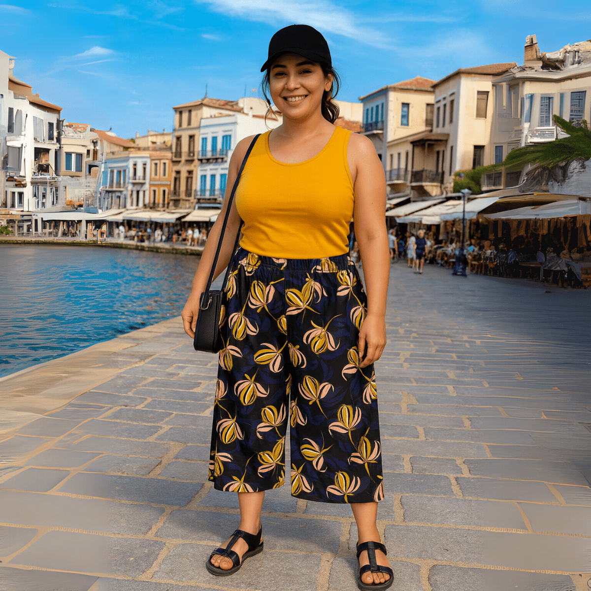 Stylish yellow tank top paired with floral culottes in a scenic waterfront setting.