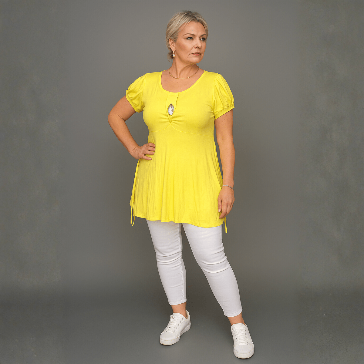 Puff Sleeve Button Front Tunic Top - FullFab